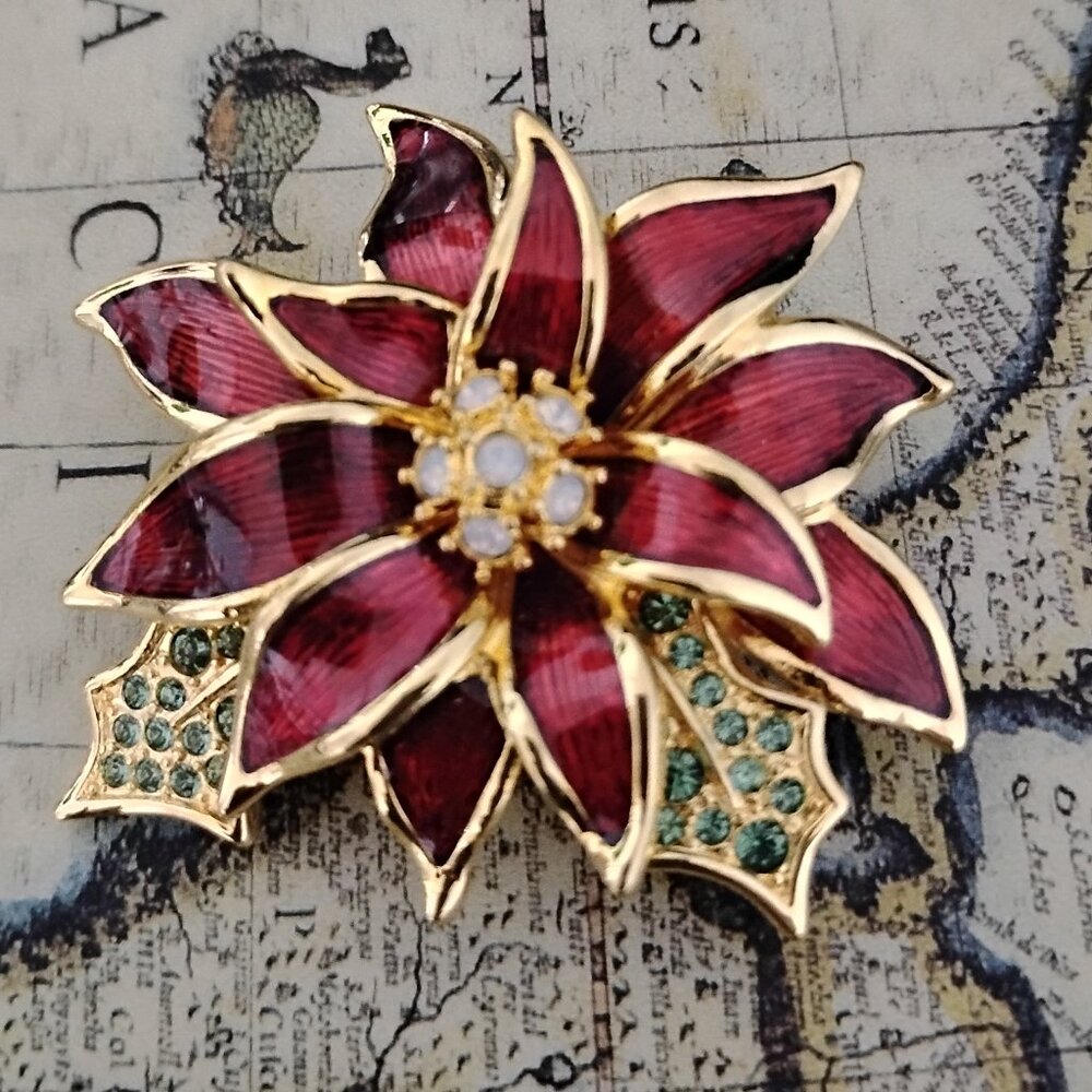 ❤️NOLAN MILLER Gold Tone Red Enamel Rhinestone Poinsettia Brooch Pin